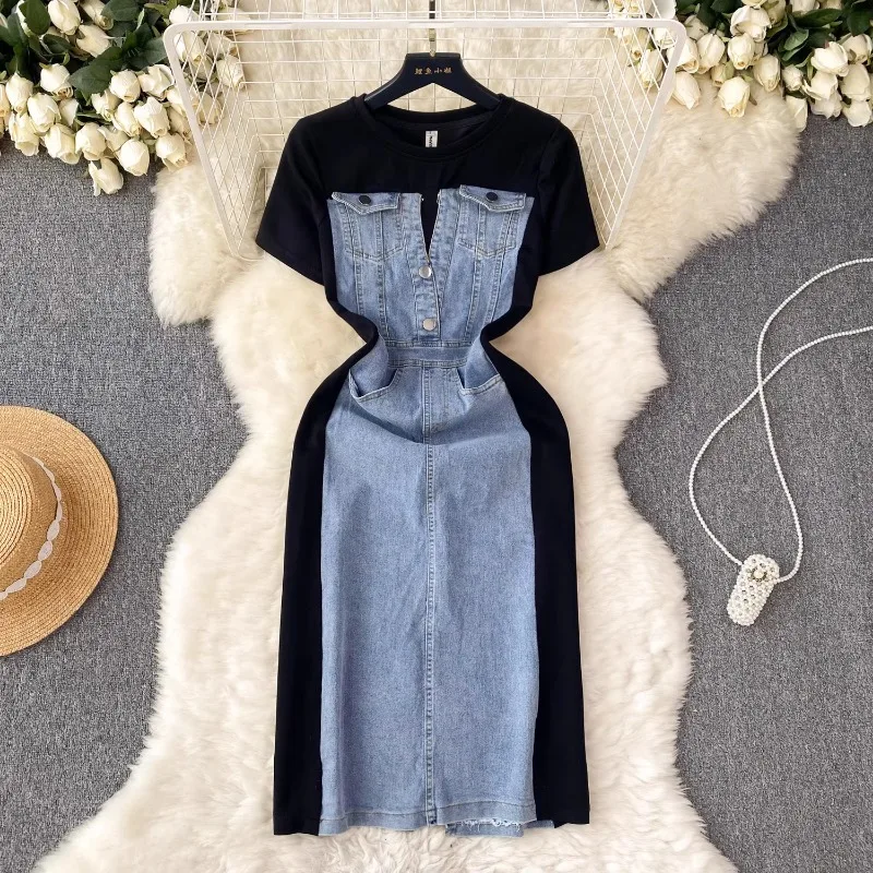 Neploe 2024 Summer New Patchwork Denim Dresses O-neck Slim Waist Dress for Women Y2k Short Sleeve Fake Two Piece Vestidos Mujer