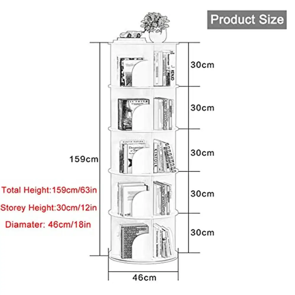 360° Rotating Bookshelf 5 Tier Modern Tall Bookcase Storage Rack Display Shelf Floor Standing Baffle- PVC Foam Board Durable-