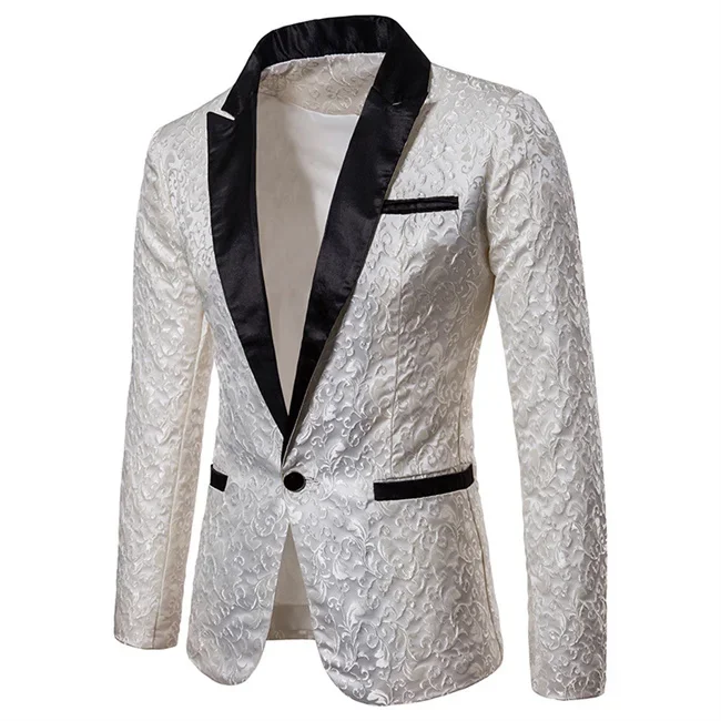 Men Business Social Jacquard Suit Jacket Single Breasted Top Black   White   Gold Men\'s Wedding Party Dress Blazers Coat