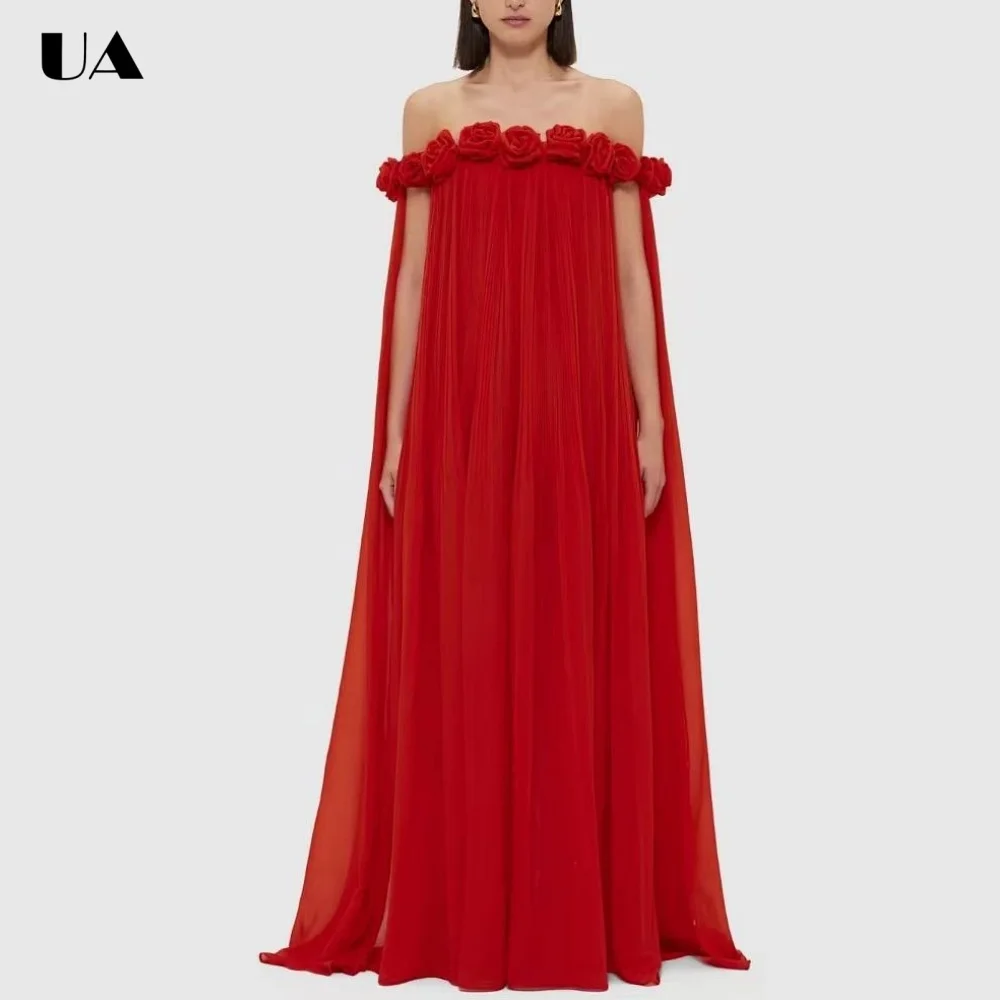 

Summer New Slash Neck 3D Flower Maxi Prom Dresses for Women, Elegant Off-the-shoulder Long Dress, Romantic Solid Evening Dress