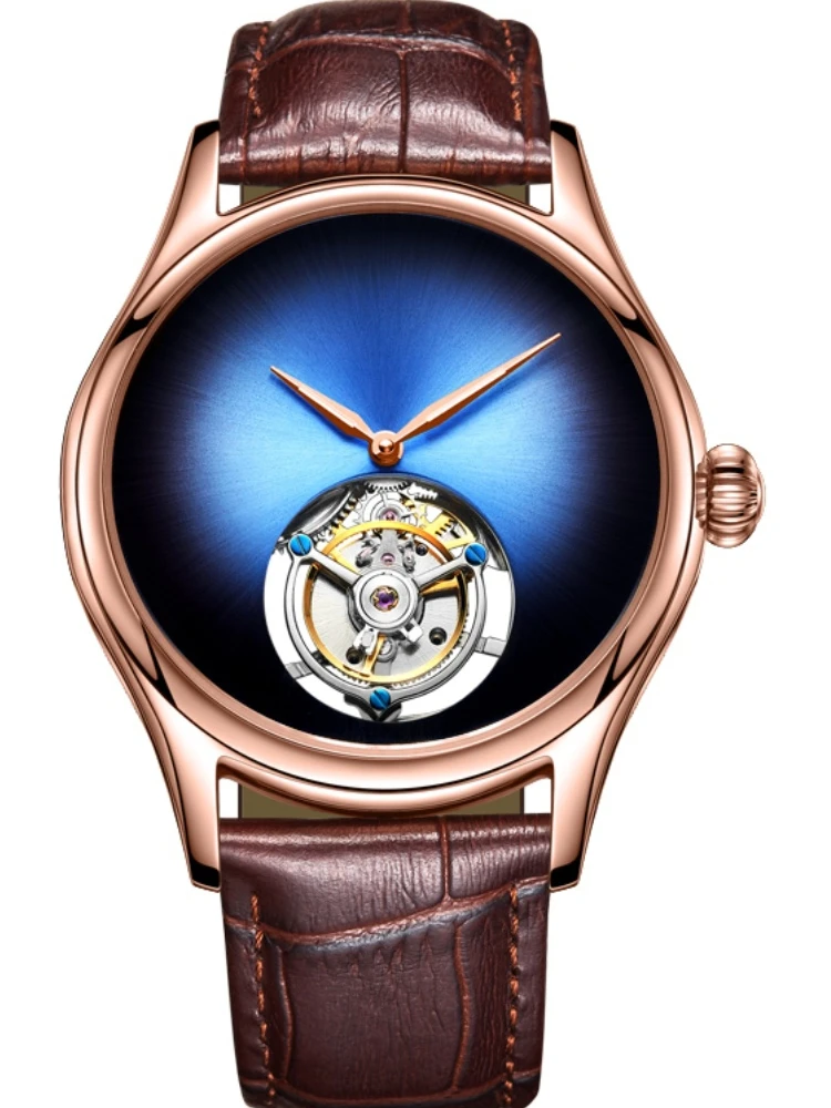 

Настоящий турбийон, аутентичный градиентный синий циферблат, часы-скелетон, простые механические мужские часы, светящиеся