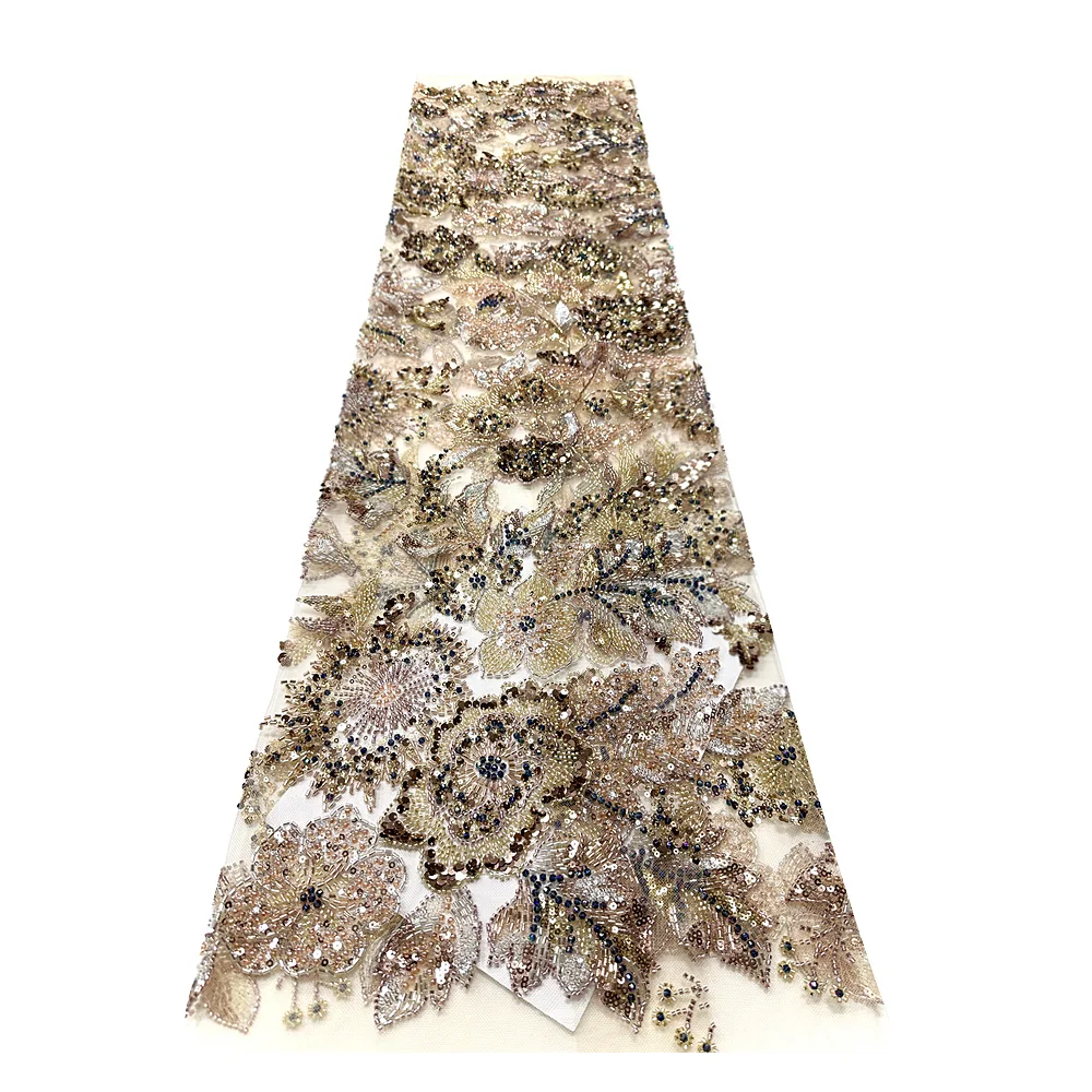 

2025 African luxury elegant hand-embroidered sequined beaded lace fabric French Niger lady gown lace lace wedding dress