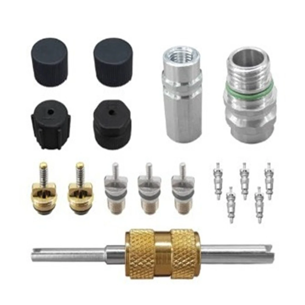 

Comprehensive 17PCS AC Valve Core Kit Leakproof Solution for R134a Systems with High and Low Side Service Valves