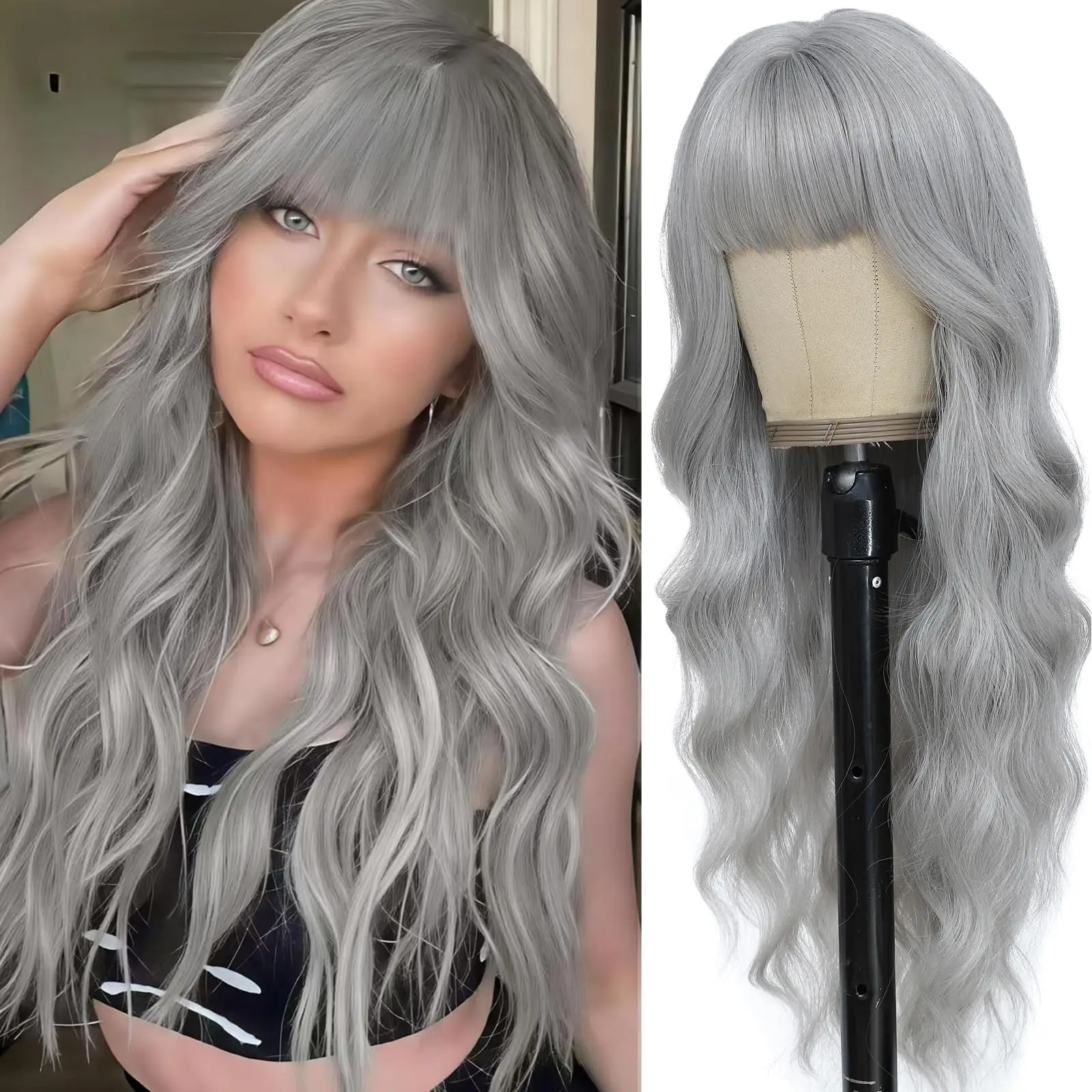 Women's Long Straight Grandma Gray Synthetic Wig