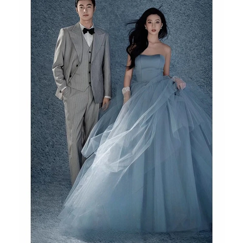 Vestidos de novia de línea A de Corea, vestido de noche Formal de tul de hadas con volantes y volantes para sesión de fotos de mujer azul, vestido de graduación con corsé personalizado