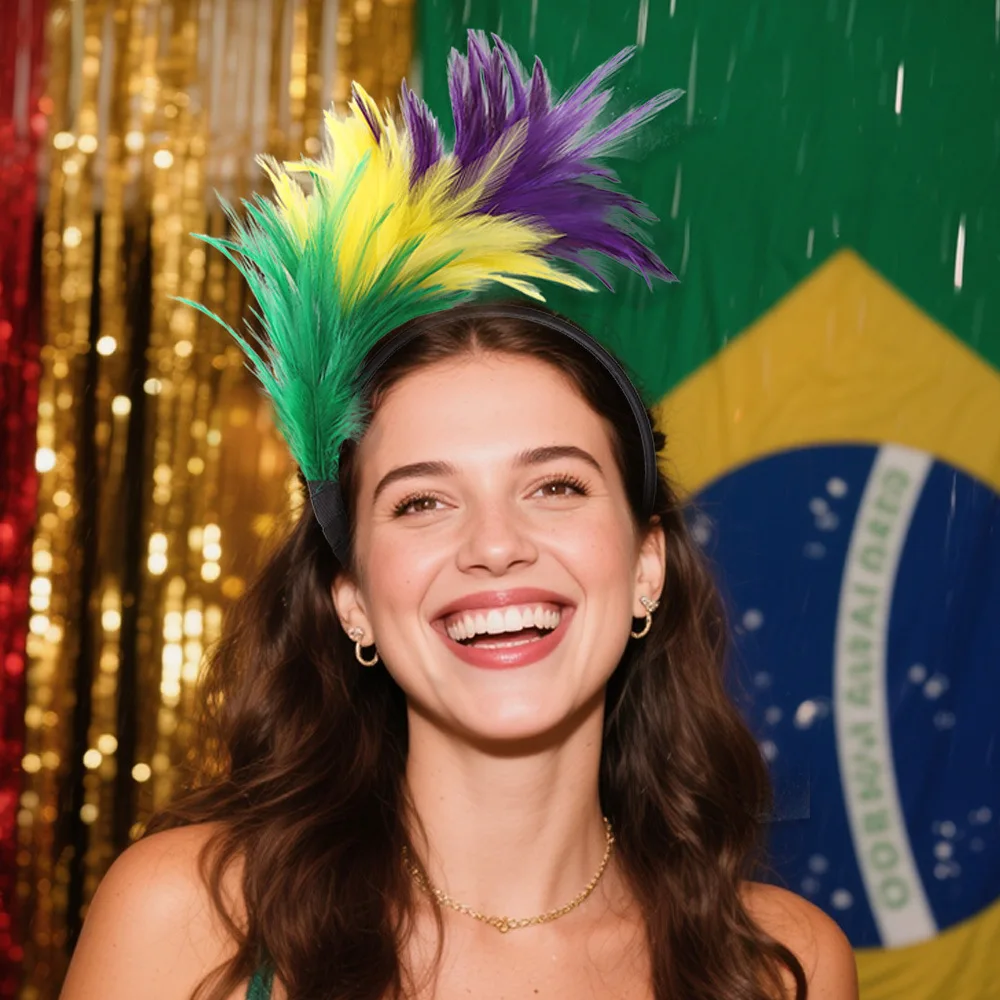 ديكور حفلات ماردي غرا الاحتفالي - عصابة رأس من الريش الملون - قطعة شعر على شكل كرة نيو أورليانز باللون الأخضر/الذهبي/الأرجواني #2