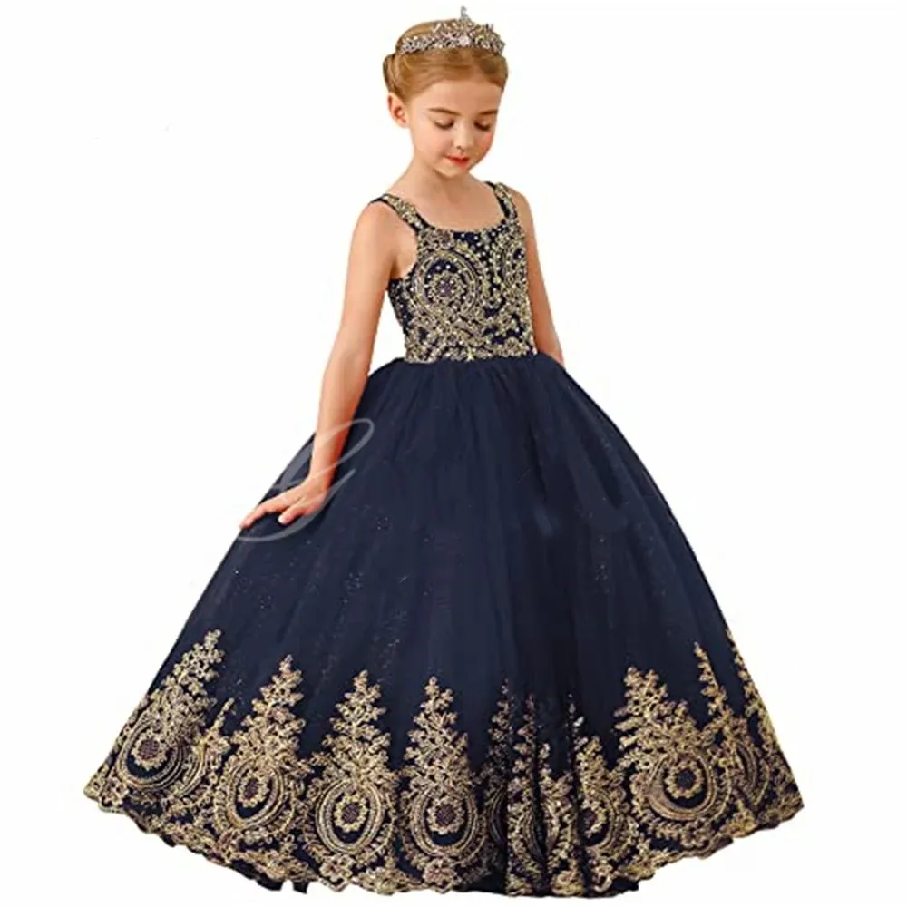 Smaragdgrüne Blumen mädchen kleider für Hochzeit lange Tüll Festzug Ballkleid Geburtstag Gold Applikationen Prinzessin Party Girl Kleid