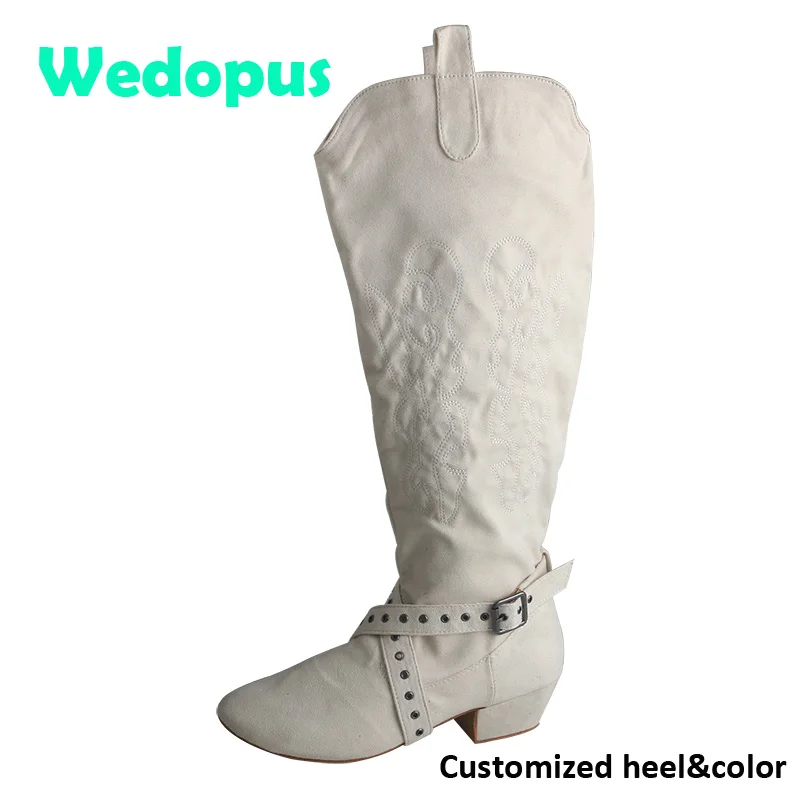 Wedopus Customized Heel Urban Charm Embroidery High Dance Boots Long Cream White Ladies Dance Warm Boots Suede Sole