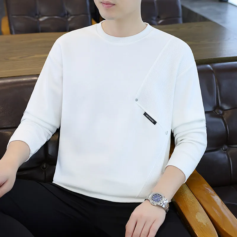 

Men's Faionable round Ne Sweatirt Spring Casual Patchwork Rivet Button Base irt American Sle Youth Top Breathable E...