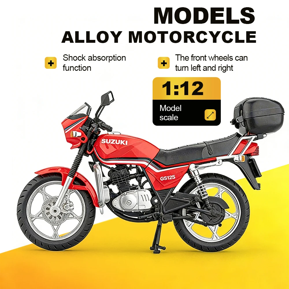 

Модели мотоциклов SUZUKI GS125 GSX1000R в масштабе 1:12, металлические, литые, со звуком и светом, амортизацией, поворотным рулем, подарки на день рождения