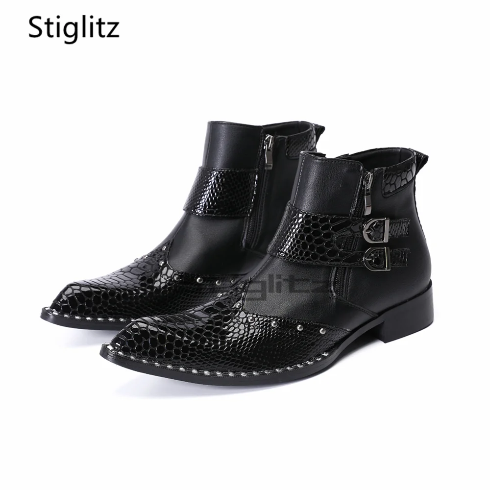 

Black Snake Print Patchwork Chelsea Boots for Men Low Heel Double Buckle Rivets Genuine Leather Side Zip Dress Business Shoes