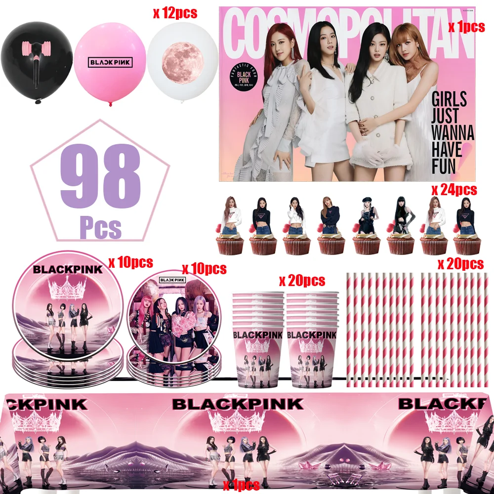 Kpop-Gruppen Party-Dekoration Teller Becher Kinder Happy Birthday Rosa Mädchen Banner Ballon Einweggeschirr Baby-Shower-Zubehör