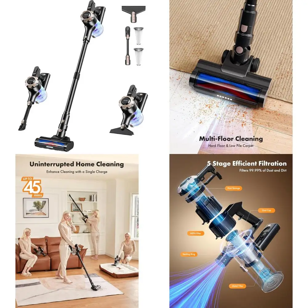 

8-in-1 Lightweight Stick Vacuum, 45-Minute Runtime, Powerful Suction for Home, Hardwood, Carpet, Pet Hair, Black