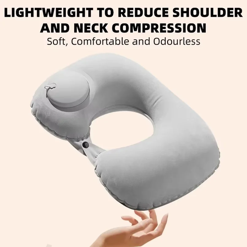 Portable U-shaped Inflatable Travel Pillow Built-in Push Pump Air Neck Support Cushion for Car Airplane Sleeping