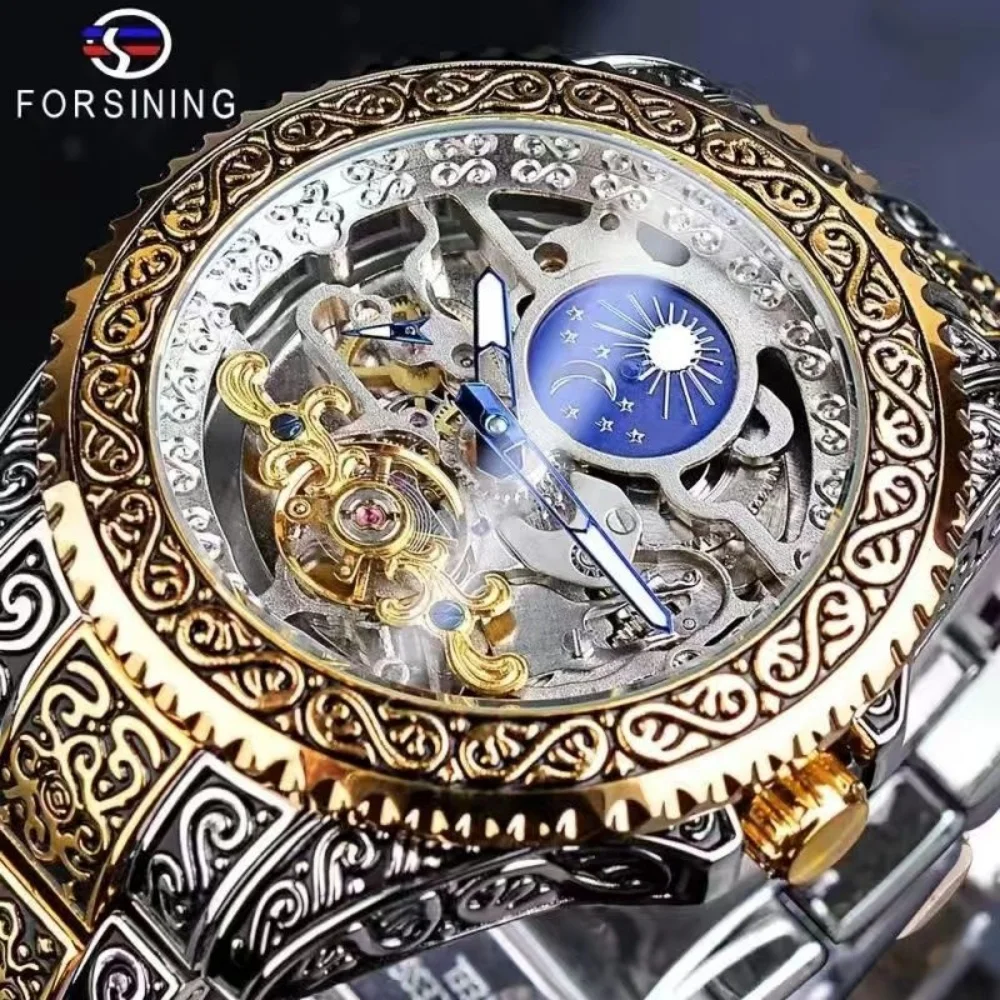 

Men's Retro Carved Hollow-Out Automatic Mechanical Watch, Punk Court Style Carved Bezel Round Dial, Waterproof Luminous Business Men's Mechanical Wristwatch, Light Luxury High-End Men's Trendy Versatile Wristwatch Hot-Selling
