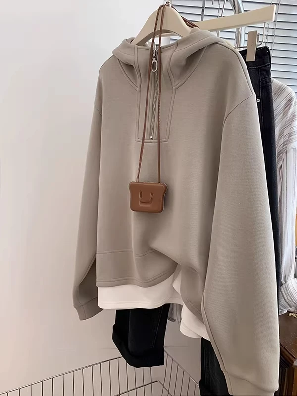 

Extra Large 300 Pounds Hooded Sweatshirt Women's Spring Autumn Thin Design Sense Youthful Outerwear Top Half Zipper