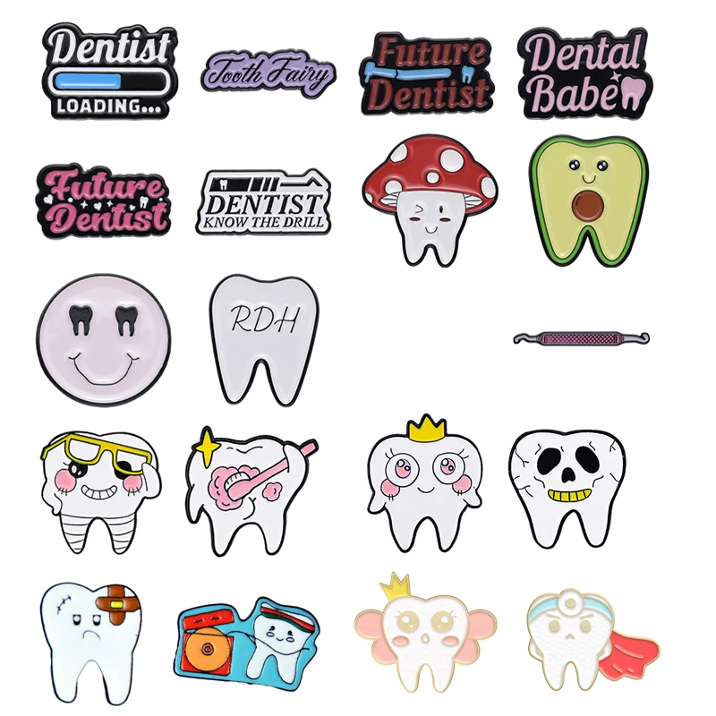 Broche esmaltado de diente creativo, futuro dentista, aguacate, bisturí, arco, cepillo de dientes, fruta de conejo, insignia de diente de princesa, alfileres Punk, joyería