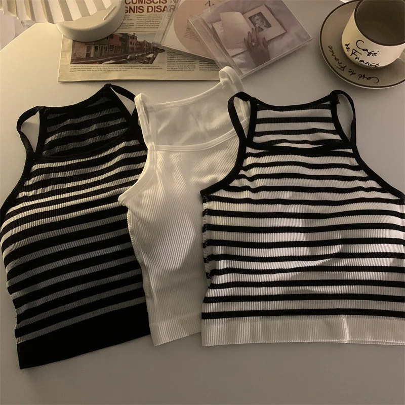 Gepolstertes, geripptes Tank-Top für Damen, Sommer, ärmellos, Racerback, Basic-Top mit integriertem BH, Spaghettiträger, Camisole, bauchfreies Top