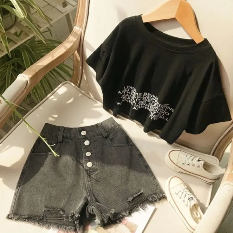 Girls' Distressed Jeans Summer Lightweight Black Stylish Versatile Casual Wear