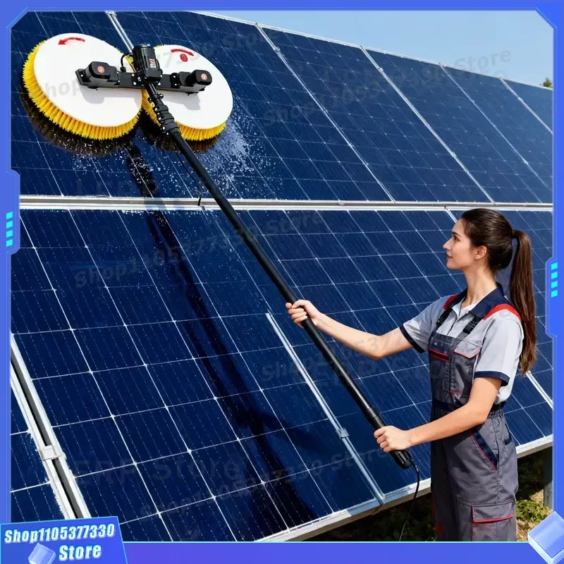 Solar Panel Cleaning Robot Double Head Disc Brush 32cm Diameter Aluminum Alloy Telescopic Pole Electric Photovoltaic Cleaner