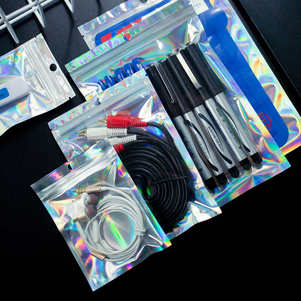 200-1PCS Laser Versiegelung Taschen Farbe Kunststoff Holographische Süßigkeiten Lebensmittel Beutel Wiederverschließbare Halskette Schmuck Geschenk Verpackung Lagerung Tasche – Detail 8
