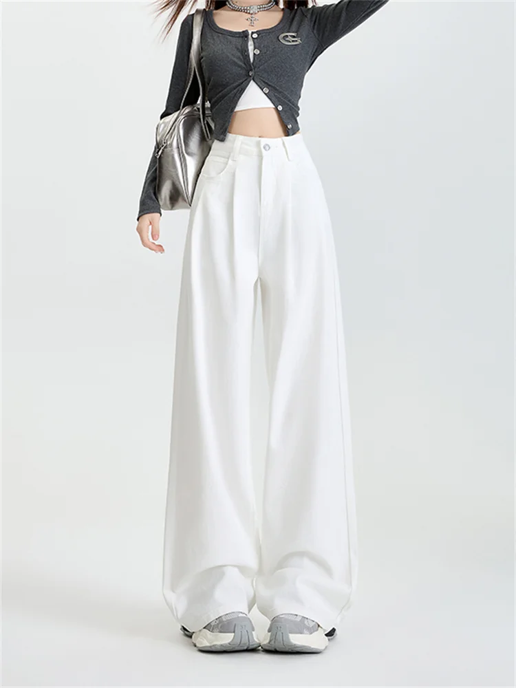 

White WideJeans Women Fall Winter Korean Style High Waist Pleated Loose Trousers Versatile Drape Fit Straight Floor Length Denim