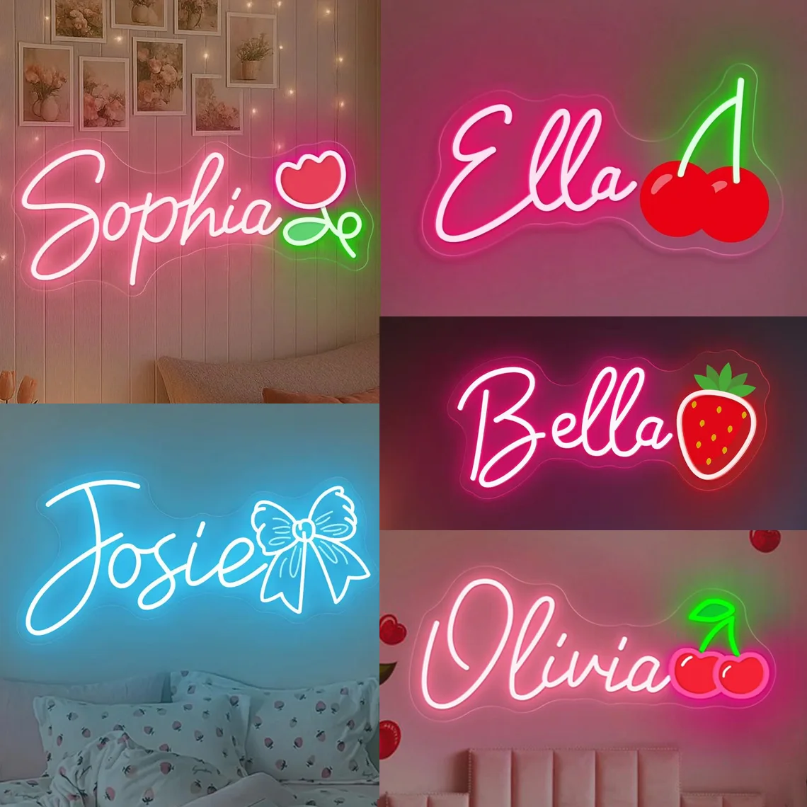 カスタムネームネオンサイン、かわいいチェリーUV印刷ネームサイン、女の子の部屋保育園寮の装飾、家の壁の装飾、子供へのギフト
