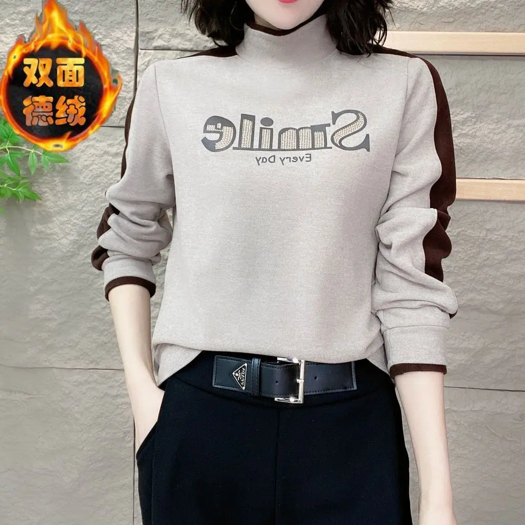 

Velvet Warm Fashionable Semi High Neck Base Shirt Women's Autumn Winter New Style Covering Flesh Slim Reducing Age Casual Top