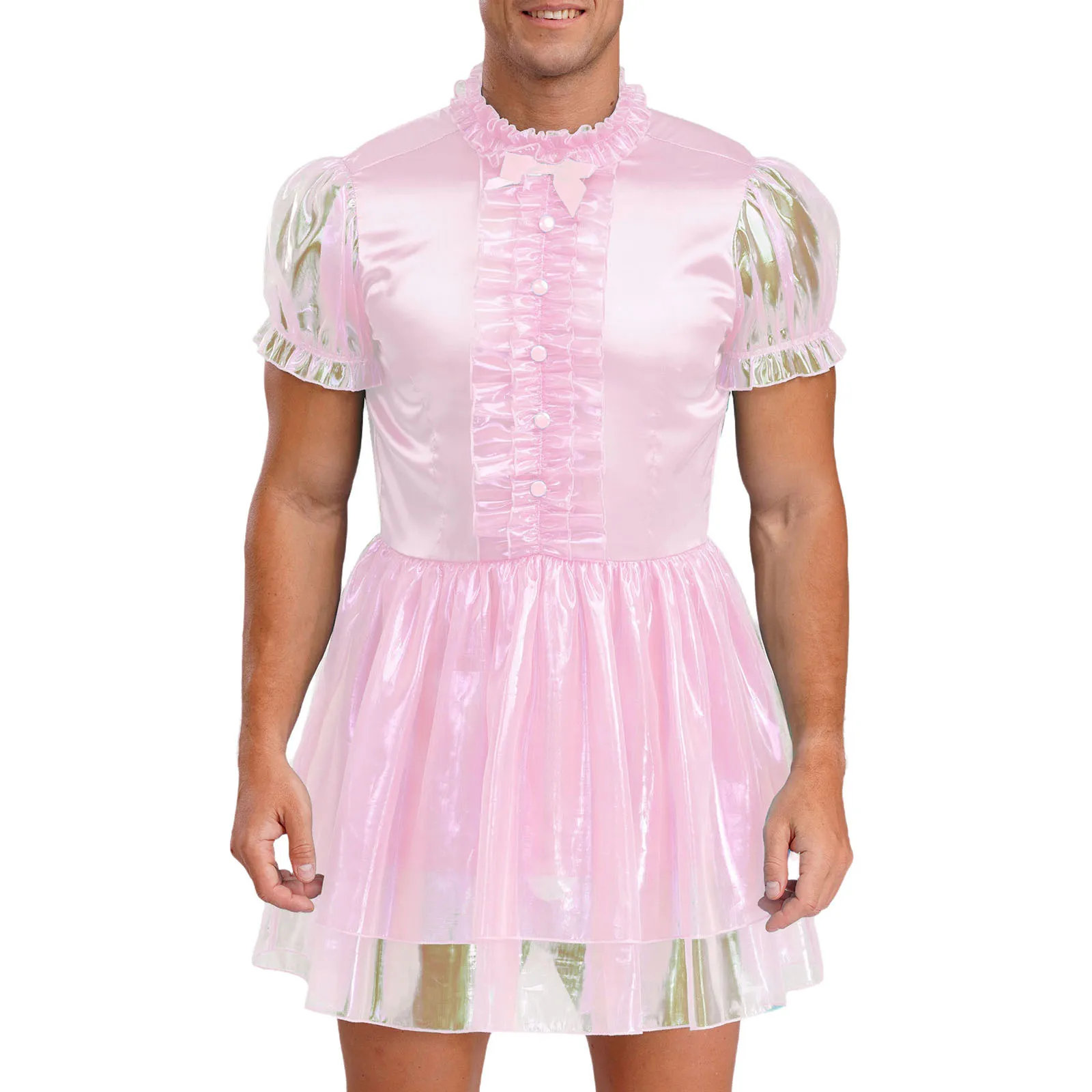 

Sissy Men Pink Maid Cosplay Ruffled Dress Puff Sleeve Bow Sparkly Puffy Dress Lockable Crossdress Gays Transgender Maid Costume