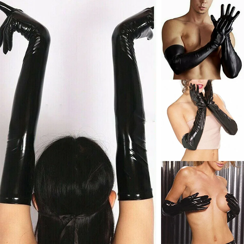 Sexy Men Faux Leather Long Gloves Wet Look Latex Party Opera Club Costumes Patent Leather Oil Shiny Glossy Gloves Clubwear