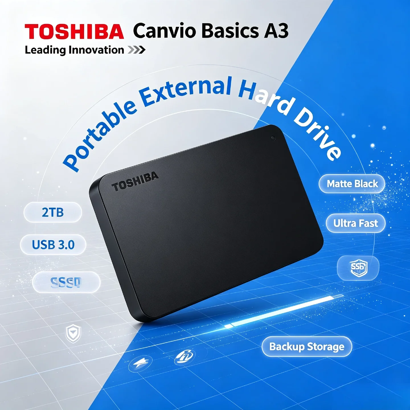 Toshiba Canvio Pro Max Ultra Basics A3 2TB Portable External Hard Drive USB 3.0 Matte Black Fast Backup Storage