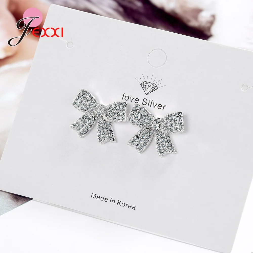Pendientes tipo botón de plata fina 925 pavimentados con cristales brillantes, dulces y románticos, de calidad increíble, para mujeres y niñas, Bricos con lazo