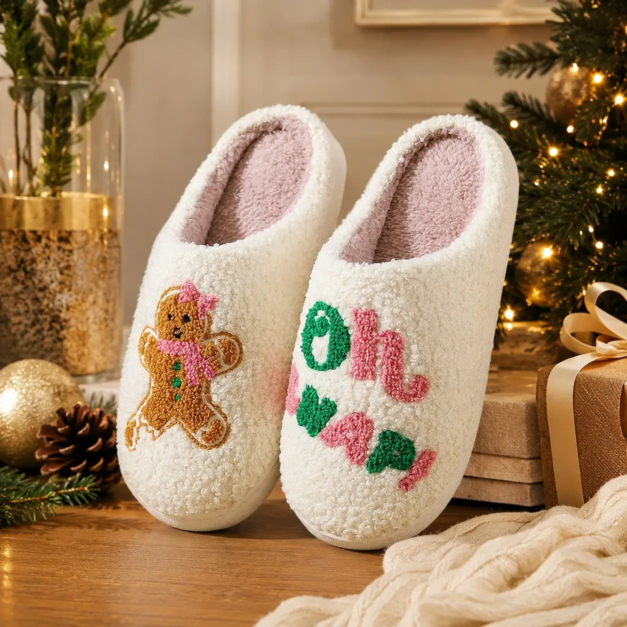 The Newly Launched Autumn And Winter Holiday Season Features Cute Gingerbread Men, Thickened Plush Anti-Slip And Warm Indoor And Outdoor Bedroom Family Slippers With Heart-Shaped Patterns For Christmas And Valentine's Day,