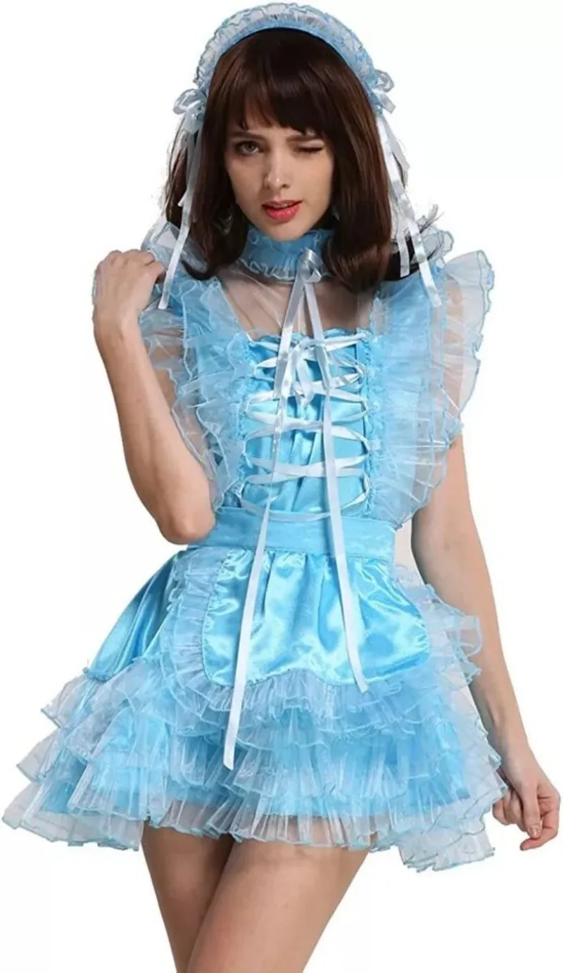 Sissy Girl blauwe satijnen afsluitbare jurk Franse meid cosplay kostuum op maat gemaakt