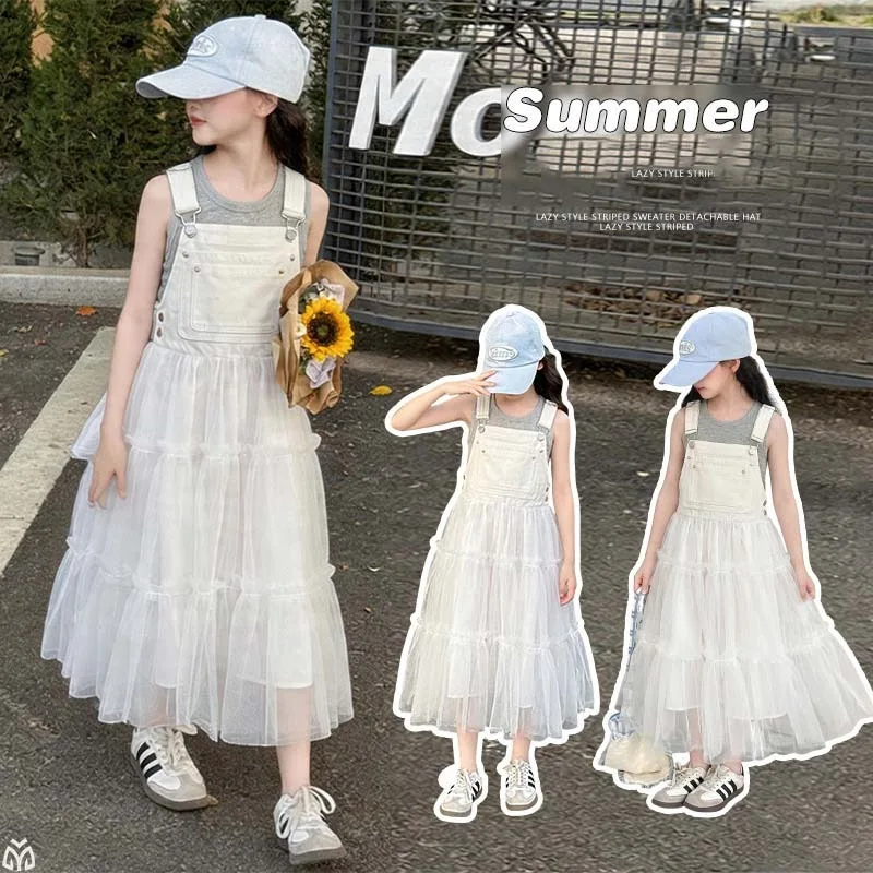 UNITIM Children Girl Clothes Set Summer Sticker Kids Girls Vest Junior Girl Mesh Strappy Dress 4-14Y Girl White Sleeveless Dress