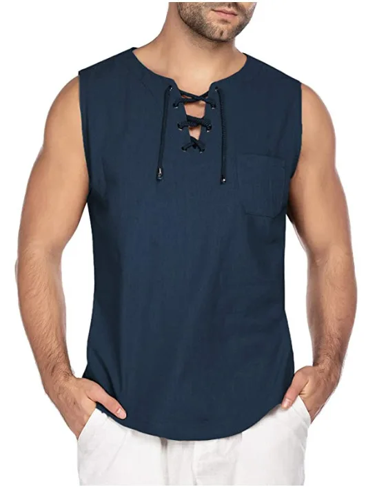 

2022 New Mens Summe Tank Tops Cotton Linen Casual Sleeveless Tees Loose Lace Up Square-Neck Tops Streetwear