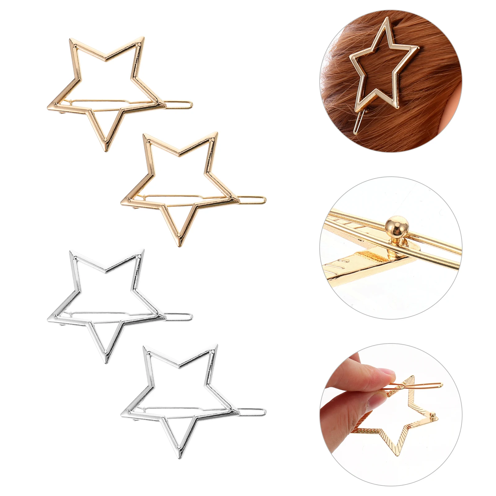 8 قطع من مشابك الشعر على شكل نجمة، مشابك خماسية مصنوعة من خليط معدني، تصميم مجوف، حافة ناعمة، ملحقات دبوس شعر مستقيم مجعد