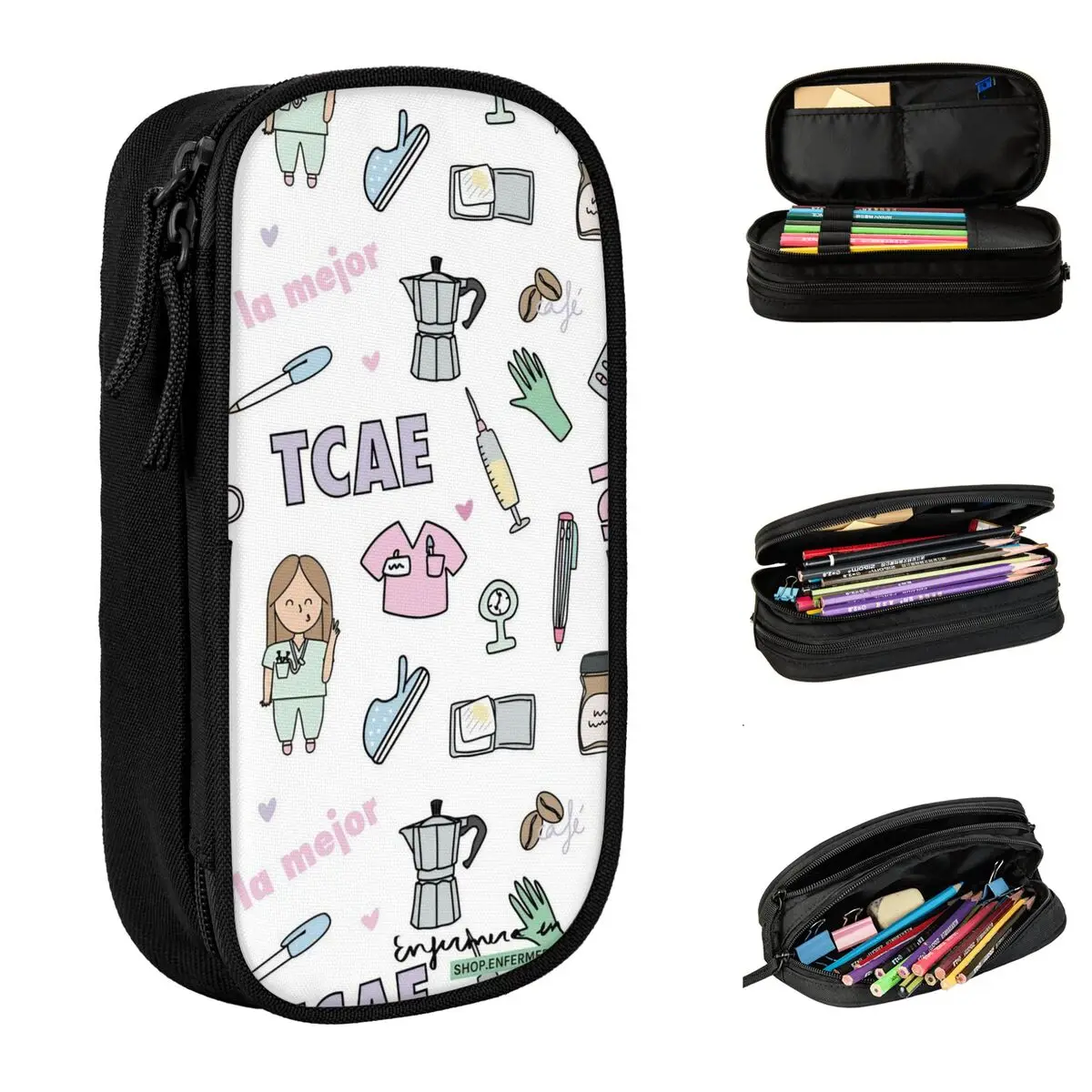 Estojo de lápis com zíper para estudantes, Grande capacidade Pen Bag, Estudantes escola papelaria Bag, Médico e Enfermeira