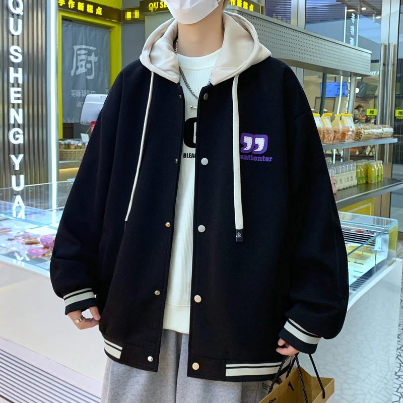 

Casual Men's Cotton Hooded Bomber Jackets Spring Autumn Unisex Hip Hop Streetwear Loose Baseball Uniform Coat Sport Top Clothing