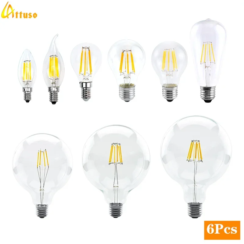 

6pcs/lot E14 E27 LED Bulb AC 220V Vintage LED Filament Light Bulb 2W 4W 6W 8W Retro Glass Decoration Led Lighting Lamp Ampoule