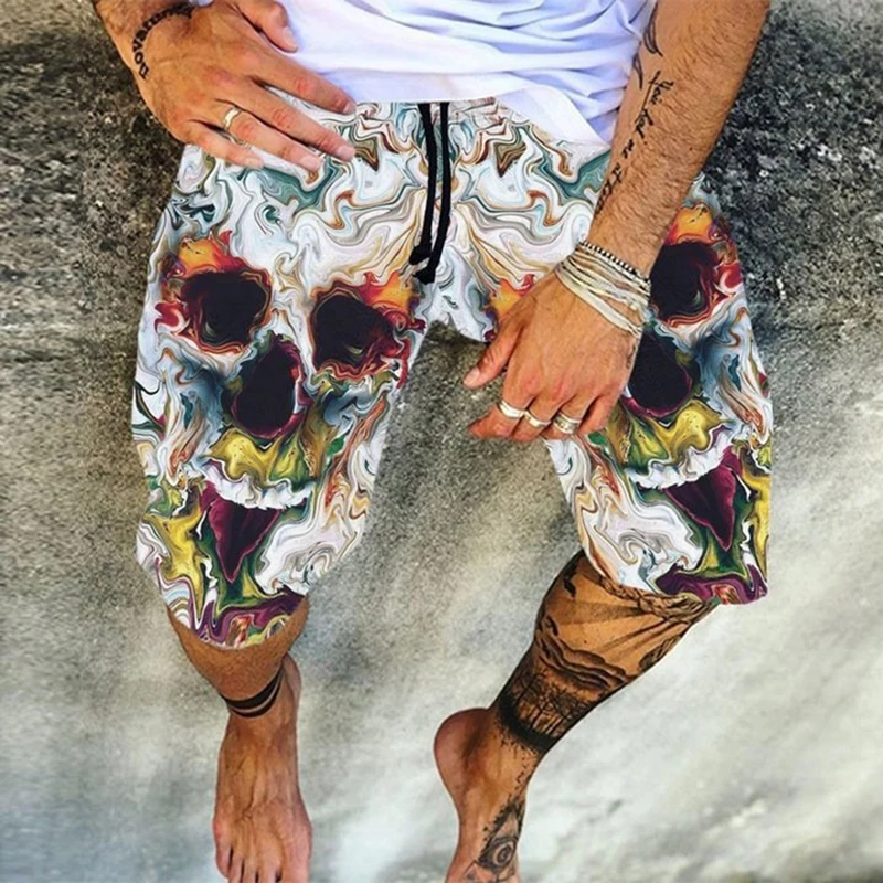 Fashion Skulls Print Mens Shorts 2023 Spring Summer Loose Drawstring Tie-up Casual Short Pant Leisure Men Vacation Beach Shorts