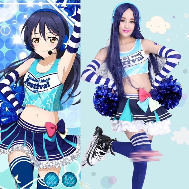 

In Stock! Anime Lovelive μ's Cheerleader Uniform Sonoda Umi skirt Cosplay Costume Halloween Women Costume