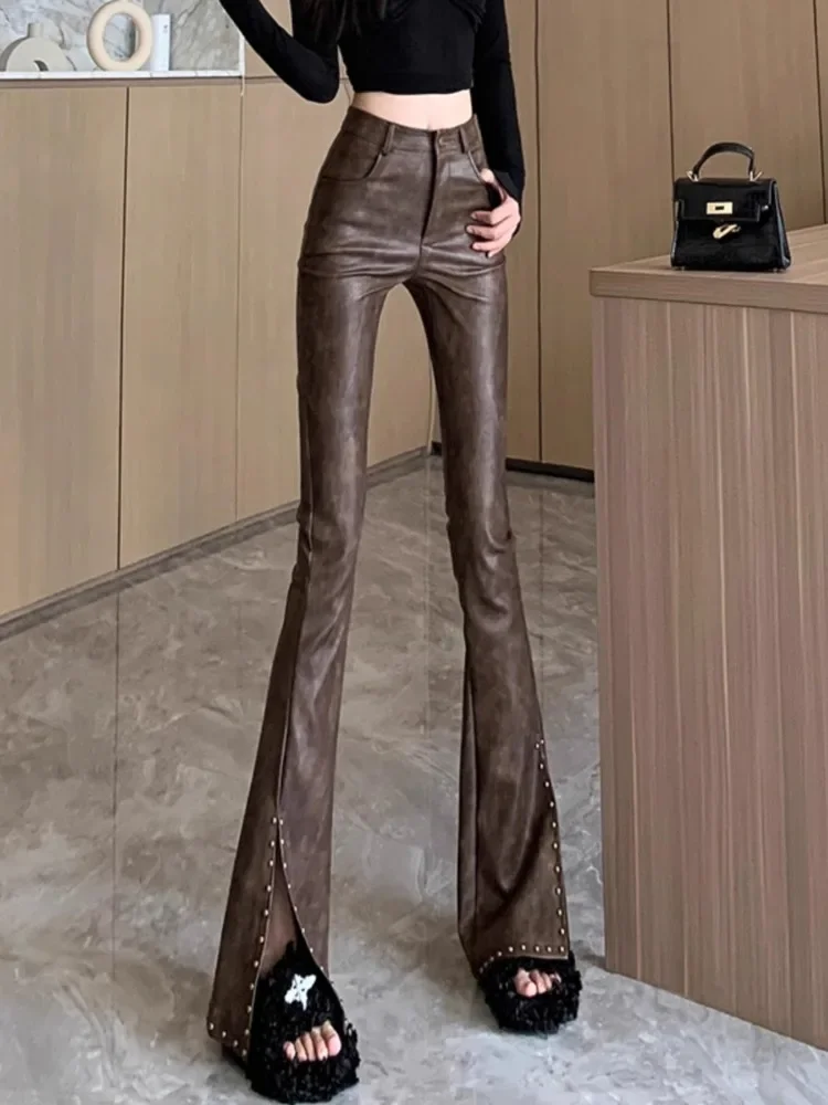 

Maillard Flared Pants High Quality Coffee PU Leather Pant 2025 Women's Spring High Waist Slim-Fit Fashion Casual Trousers Female