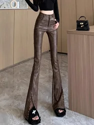 Maillard Flared Pants High Quality Coffee PU Leather Pant 2025 Women's Spring High Waist Slim-Fit Fashion Casual Trousers Female