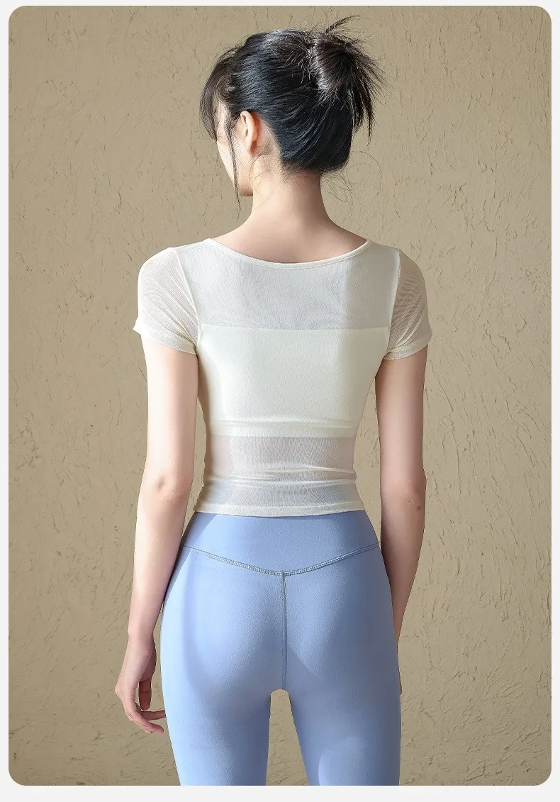 Women's Mesh Sports Yoga T-shirt V-Neck Short Sleeve Pilates Training Top Breathable Fitness Chest Cushion Sexy Fitness Shirt
