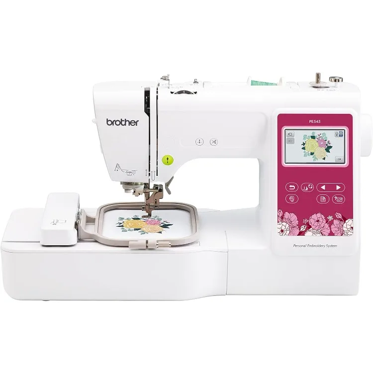 

PE545 Embroidery Machine, Wireless LAN Connected, 135 Built-in Designs, 4" x 4" Hoop Area, Large 3.7" LCD Touchscreen