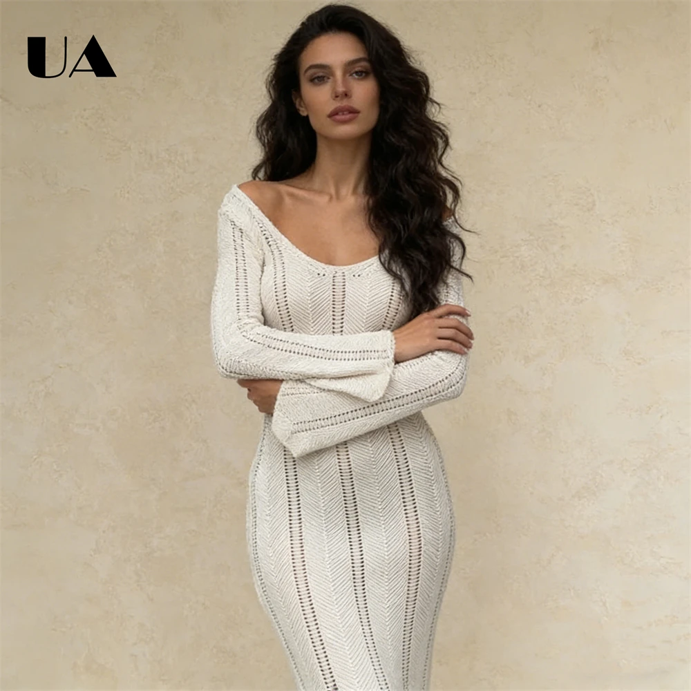 

ULBYANRY Womens Knitted Dress with Long Flared Sleeves, Cus Hollow Out Hip Hugging Long Dresses for Women