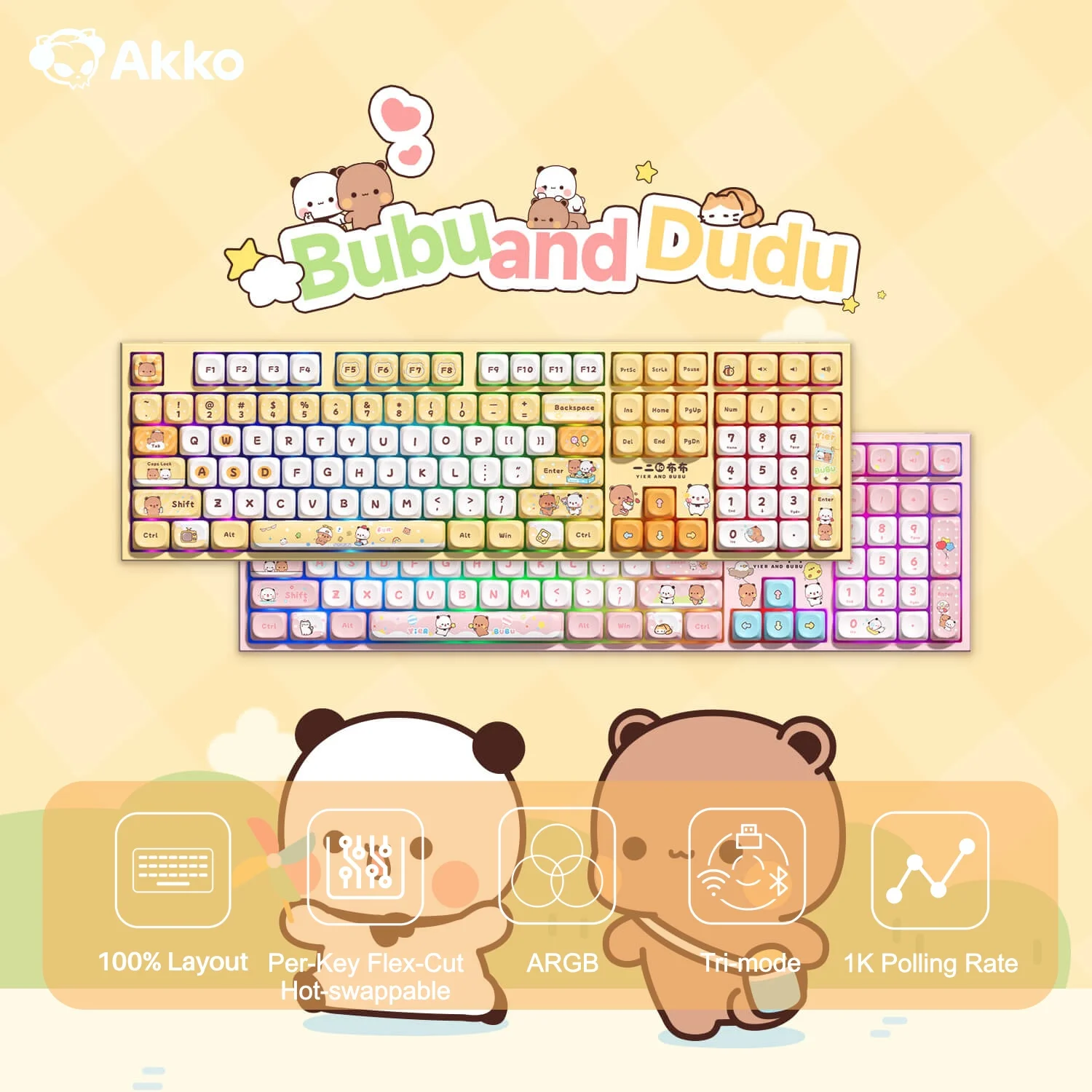 Akko 5108 V5 Mechanical Keyboard Dudu and Bubu 100% Full Size 1K ARGB Hot Swap Type-C/2.4G&BT Wireless Custom Gaming Keyboard