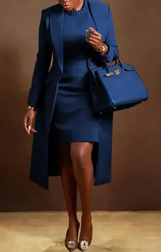 Chaqueta de traje larga de otoño para mujer con cuello, cintura ceñida y hendidura y cuello redondo, conjunto de vestido de punto sin mangas que abraza la cadera