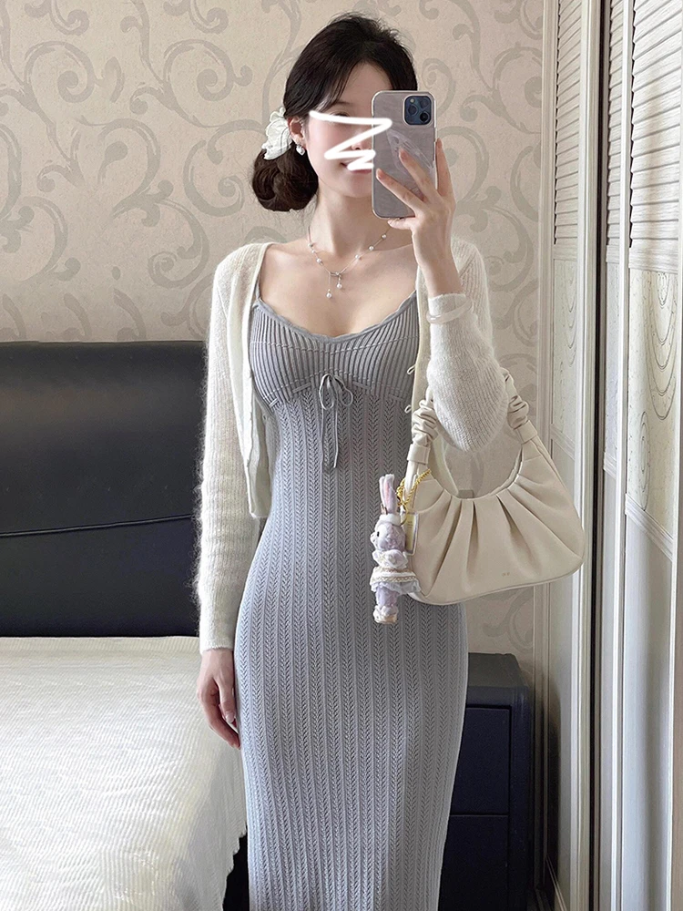 

Вязаное платье-сарафан с запахом и длинной юбкой, однотонное, А-силуэт, для ранней осени, для женщин